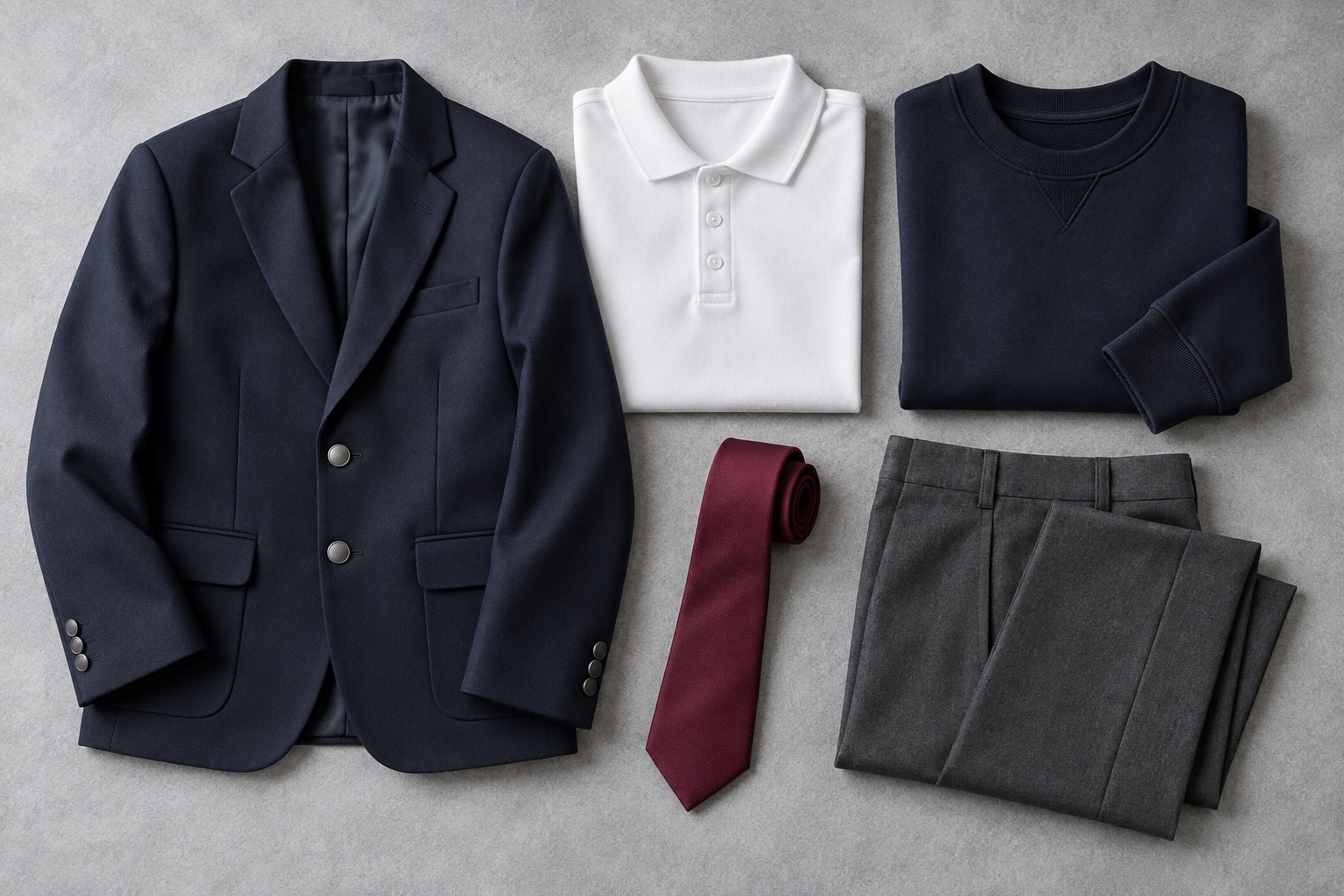 Navy blazer, white polo, sweatshirt, tie and charcoal trousers arranged as a coordinated school uniform collection